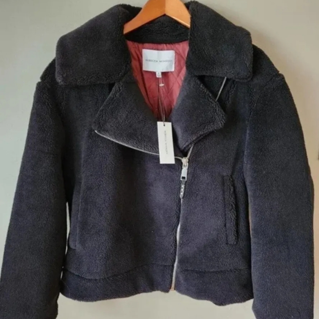 Nwt!! Rebecca Minkoff Black Moto Faux Fur/ Fleece Jacket, Size M
